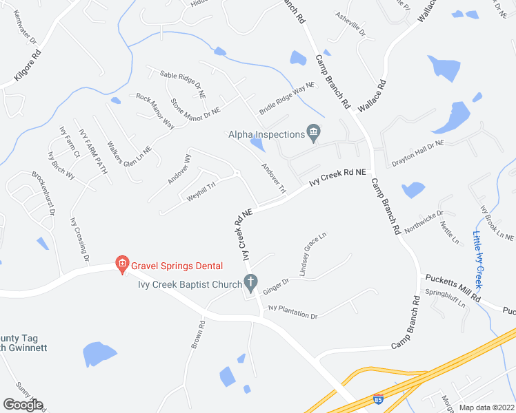 map of restaurants, bars, coffee shops, grocery stores, and more near 2580 Ivy Creek Road Northeast in Buford