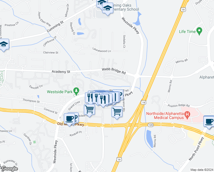 map of restaurants, bars, coffee shops, grocery stores, and more near 9065 Woodland Lane in Alpharetta
