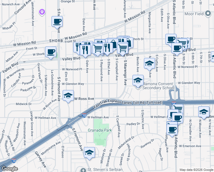 map of restaurants, bars, coffee shops, grocery stores, and more near 1625 South Ethel Avenue in Alhambra