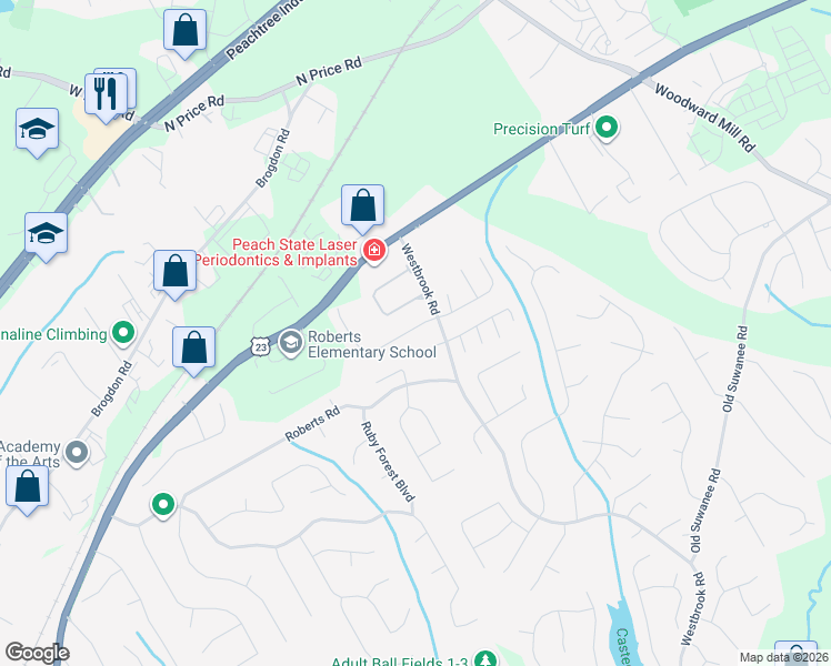 map of restaurants, bars, coffee shops, grocery stores, and more near 379 Creek Manor Way in Suwanee