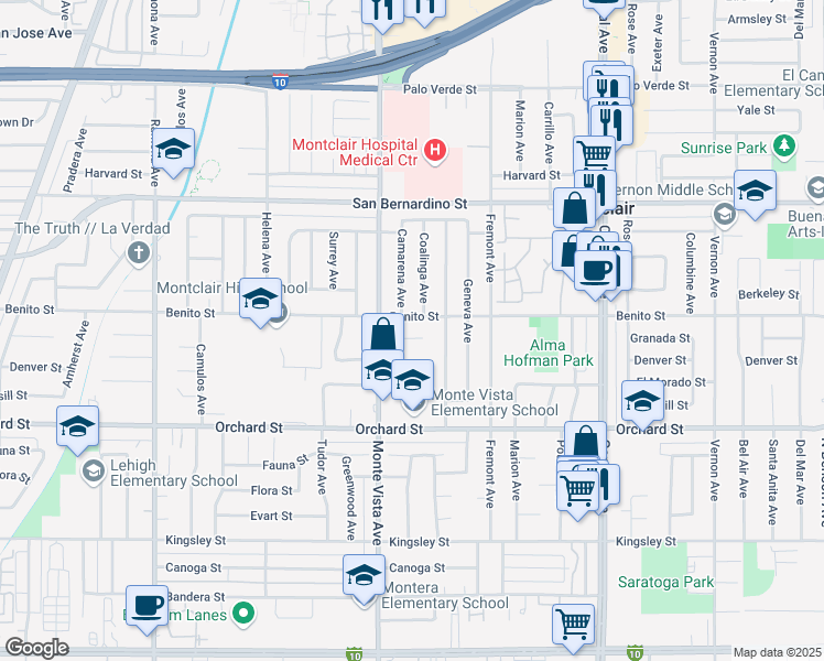 map of restaurants, bars, coffee shops, grocery stores, and more near 4962 Granada Street in Montclair