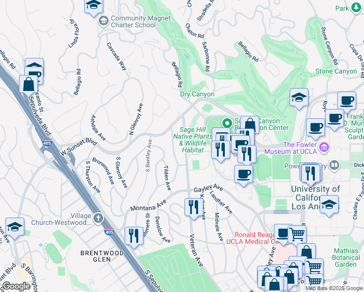 map of restaurants, bars, coffee shops, grocery stores, and more near 165 Veteran Avenue in Los Angeles