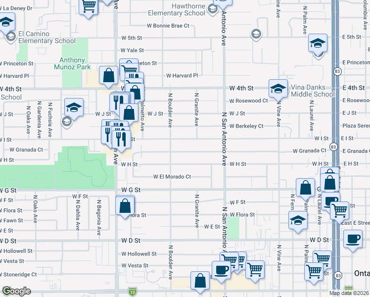 map of restaurants, bars, coffee shops, grocery stores, and more near 832 West Granada Court in Ontario