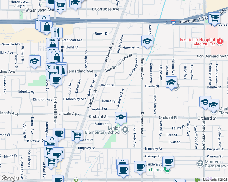 map of restaurants, bars, coffee shops, grocery stores, and more near 4316 Granada Street in Montclair