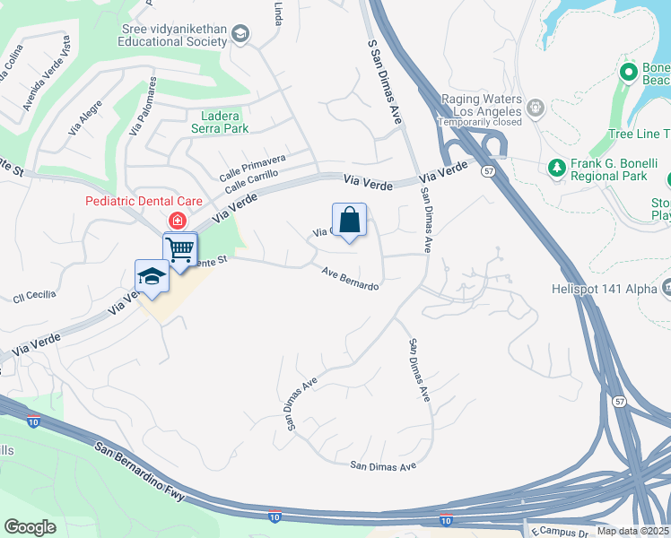 map of restaurants, bars, coffee shops, grocery stores, and more near 843 Avenue Bernardo in San Dimas