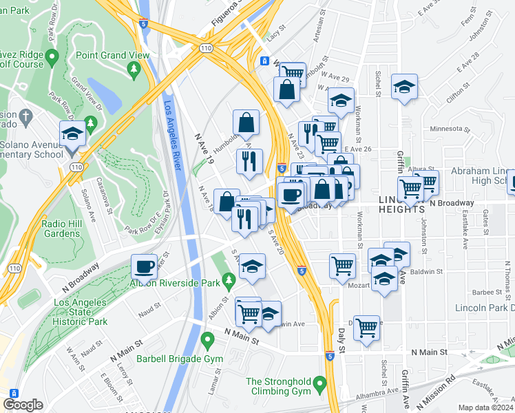 map of restaurants, bars, coffee shops, grocery stores, and more near 141 South Ave 20 in Los Angeles