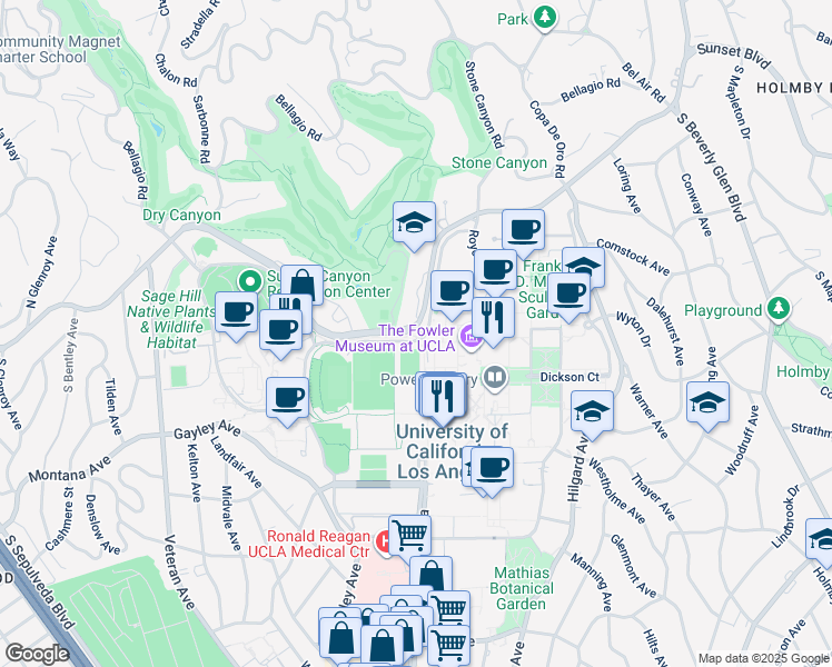 map of restaurants, bars, coffee shops, grocery stores, and more near 301 Westwood Plaza in Los Angeles