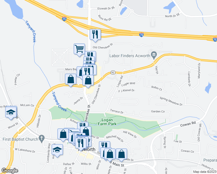 map of restaurants, bars, coffee shops, grocery stores, and more near 4312 Brandy Ann Court in Acworth