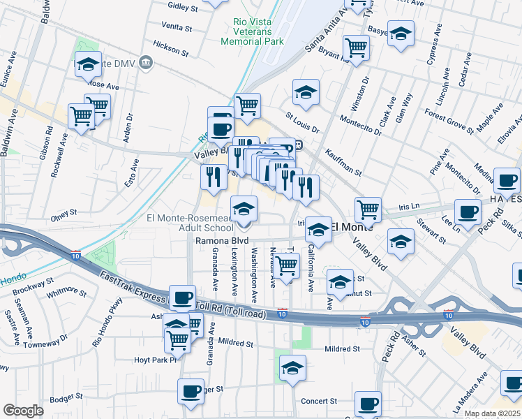 map of restaurants, bars, coffee shops, grocery stores, and more near 10911 Las Flores Drive in El Monte