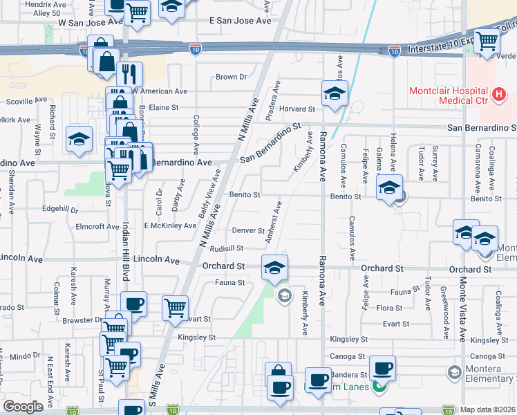 map of restaurants, bars, coffee shops, grocery stores, and more near 4316 Granada Street in Montclair