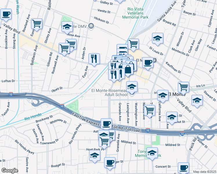 map of restaurants, bars, coffee shops, grocery stores, and more near 3545 Santa Anita Avenue in El Monte