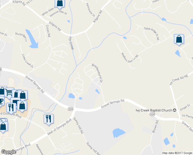 map of restaurants, bars, coffee shops, grocery stores, and more near 2351 Attewood Drive in Buford