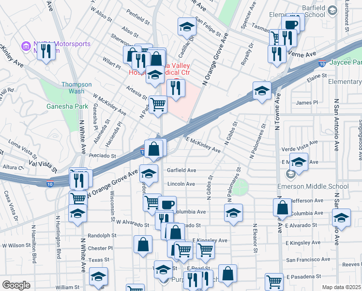 map of restaurants, bars, coffee shops, grocery stores, and more near 210 East McKinley Avenue in Pomona