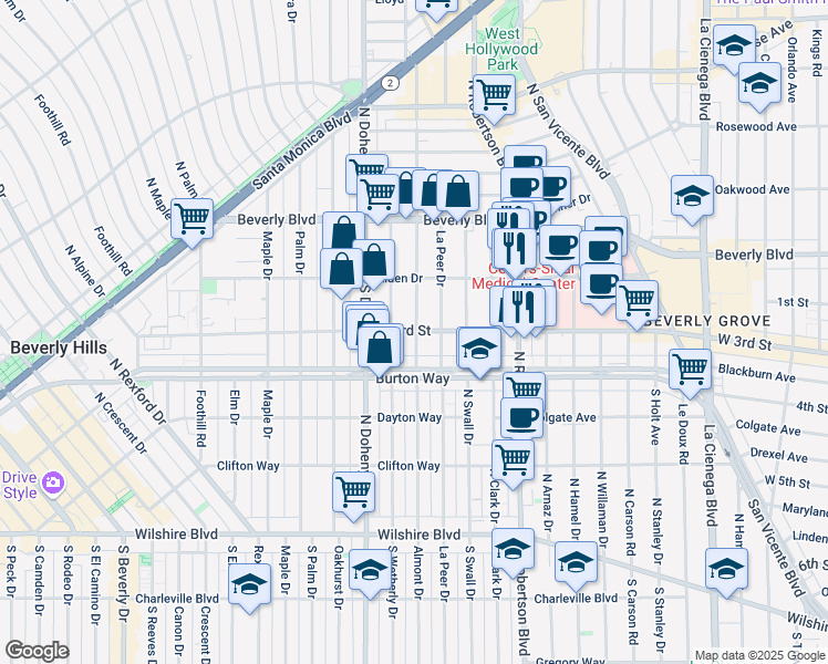 map of restaurants, bars, coffee shops, grocery stores, and more near 9000 West 3rd Street in Los Angeles