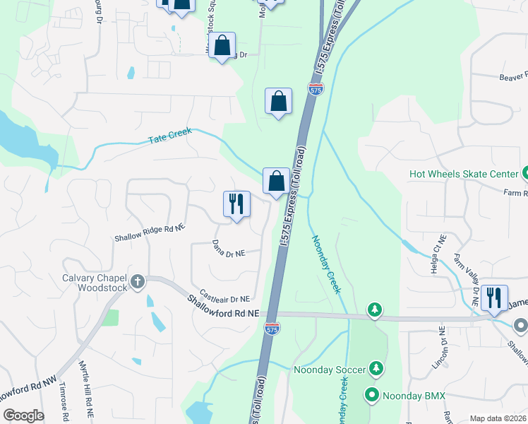 map of restaurants, bars, coffee shops, grocery stores, and more near 342 Shalloway Drive Northeast in Kennesaw