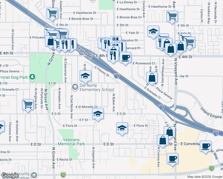 map of restaurants, bars, coffee shops, grocery stores, and more near 831 North Baker Avenue in Ontario