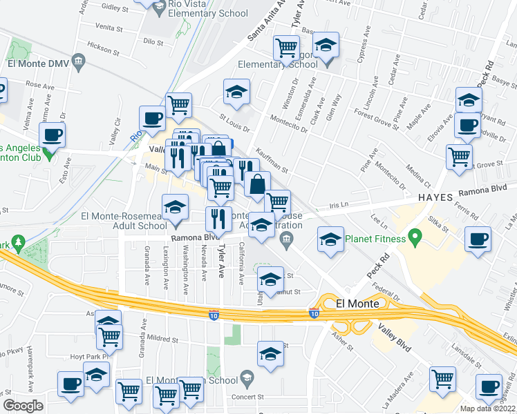map of restaurants, bars, coffee shops, grocery stores, and more near 11100 Valley Boulevard in El Monte