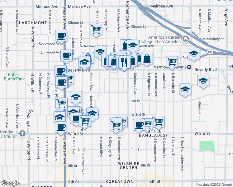 map of restaurants, bars, coffee shops, grocery stores, and more near 107 North Ardmore Avenue in Los Angeles