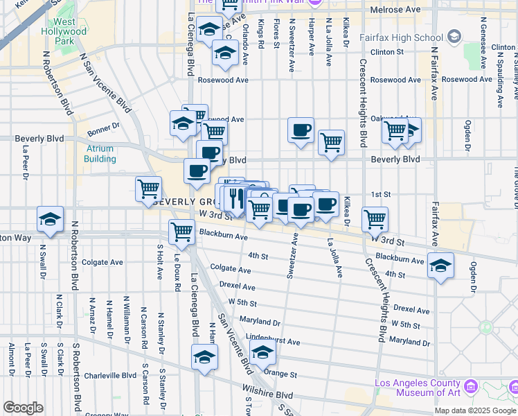 map of restaurants, bars, coffee shops, grocery stores, and more near in West Hollywood