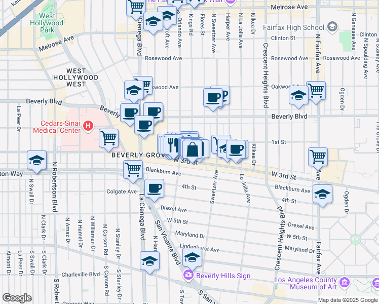 map of restaurants, bars, coffee shops, grocery stores, and more near 129 South Kings Road in Los Angeles