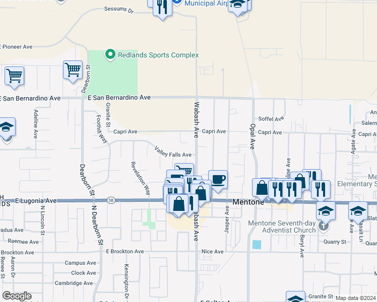 map of restaurants, bars, coffee shops, grocery stores, and more near 1773 Valley Falls Avenue in Redlands
