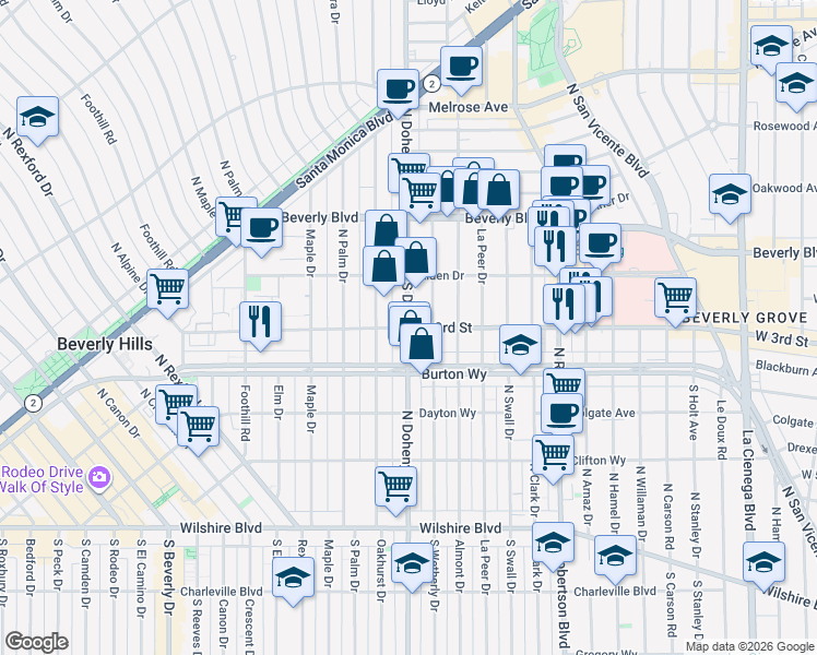 map of restaurants, bars, coffee shops, grocery stores, and more near W 3rd St & S Doheny Dr in Los Angeles