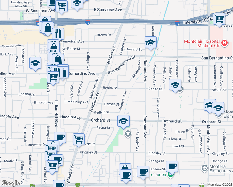 map of restaurants, bars, coffee shops, grocery stores, and more near 4316 Granada Street in Montclair