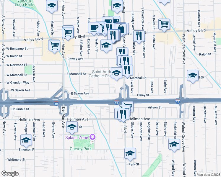 map of restaurants, bars, coffee shops, grocery stores, and more near 1956 California Street in San Gabriel