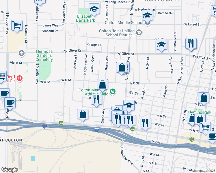 map of restaurants, bars, coffee shops, grocery stores, and more near 860 West C Street in Colton