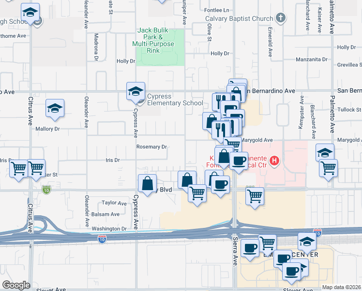 map of restaurants, bars, coffee shops, grocery stores, and more near 16653 Mallory Drive in Fontana