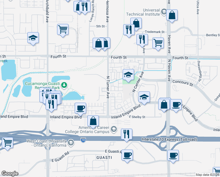 map of restaurants, bars, coffee shops, grocery stores, and more near 831 Turner Avenue in Ontario
