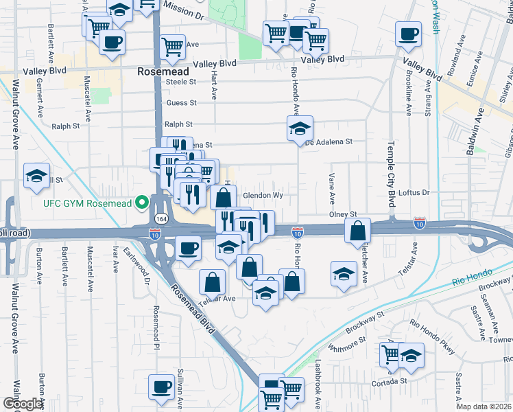 map of restaurants, bars, coffee shops, grocery stores, and more near 9314 Glendon Way in Rosemead