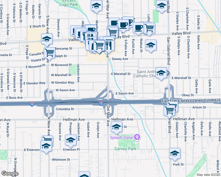map of restaurants, bars, coffee shops, grocery stores, and more near 1950 South Del Mar Avenue in San Gabriel