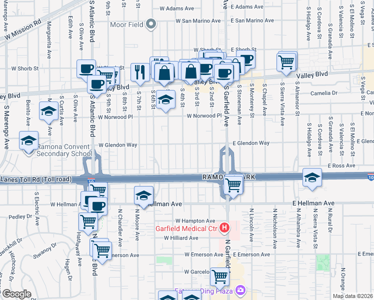 map of restaurants, bars, coffee shops, grocery stores, and more near 1800 South 4th Street in Alhambra