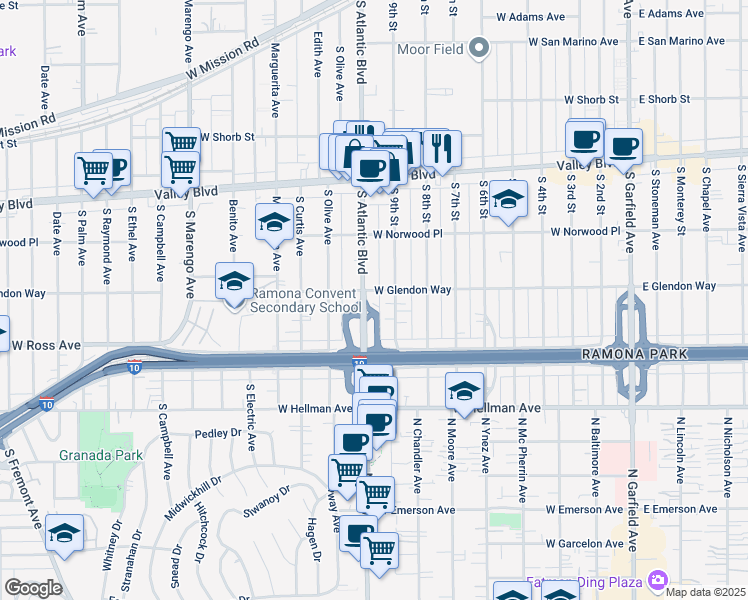 map of restaurants, bars, coffee shops, grocery stores, and more near 915 West Glendon Way in Alhambra