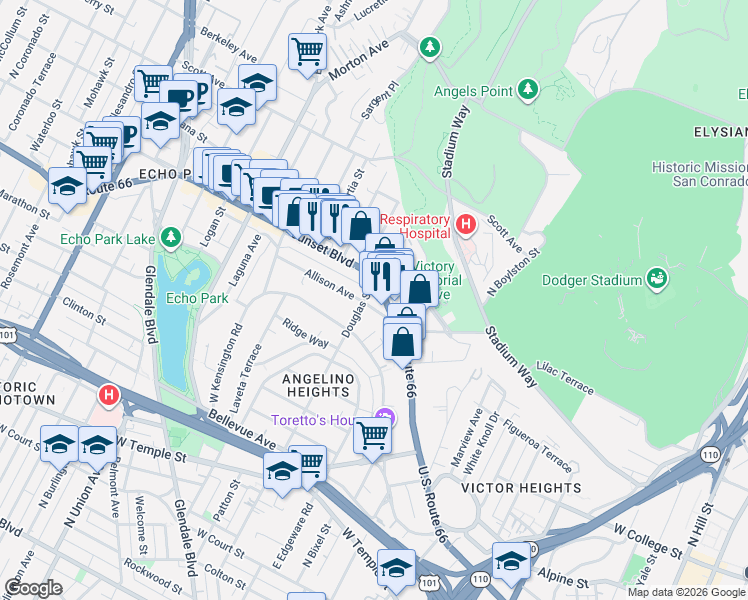 map of restaurants, bars, coffee shops, grocery stores, and more near 1211 Douglas Street in Los Angeles