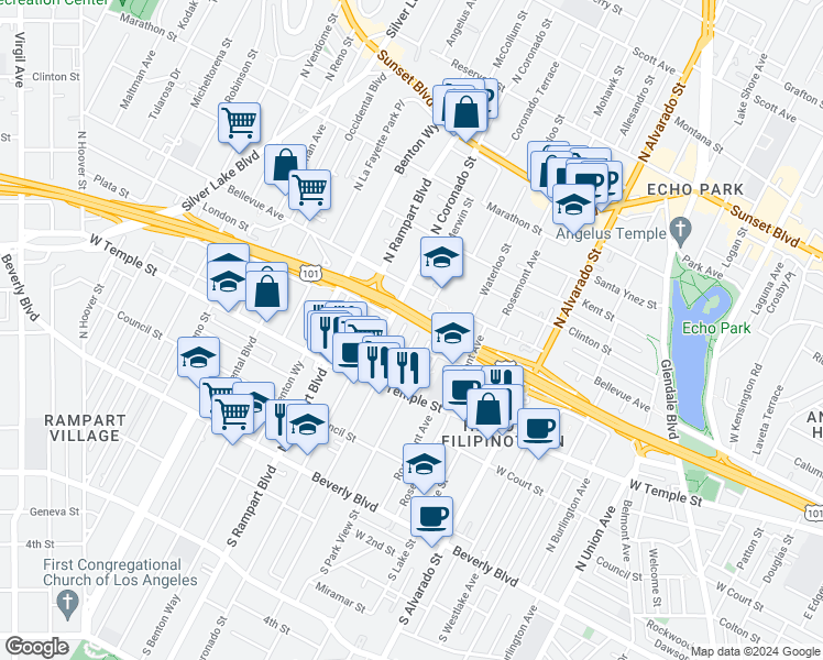 map of restaurants, bars, coffee shops, grocery stores, and more near 440 North Coronado Street in Los Angeles