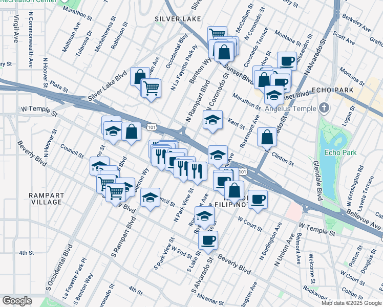 map of restaurants, bars, coffee shops, grocery stores, and more near 440 North Coronado Street in Los Angeles