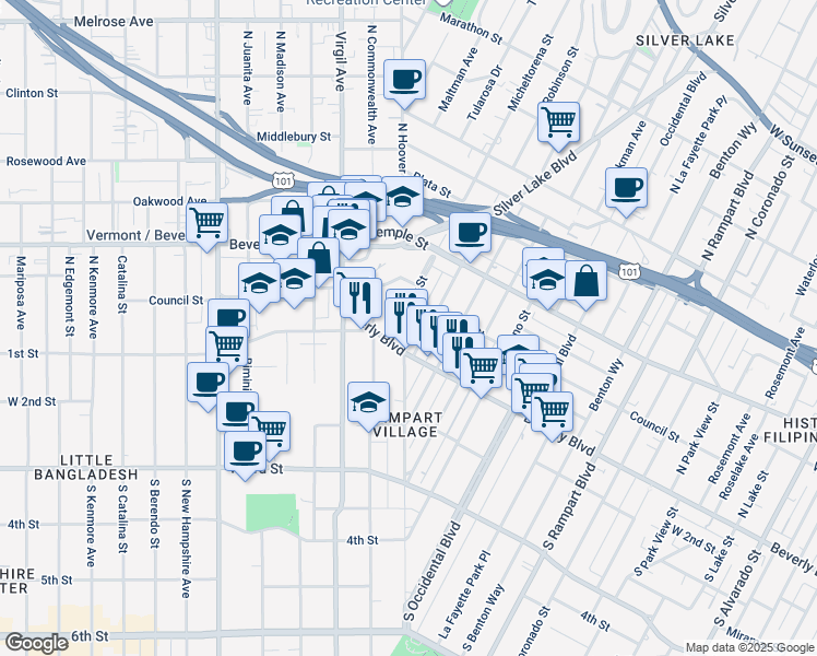 map of restaurants, bars, coffee shops, grocery stores, and more near 140 North Hoover Street in Los Angeles