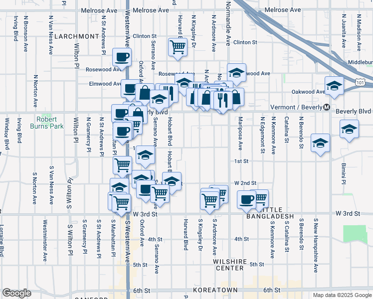map of restaurants, bars, coffee shops, grocery stores, and more near 4209 West 1st Street in Los Angeles