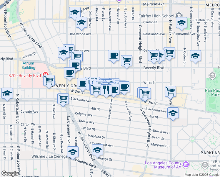 map of restaurants, bars, coffee shops, grocery stores, and more near 112 1/2 Flores Street in Los Angeles