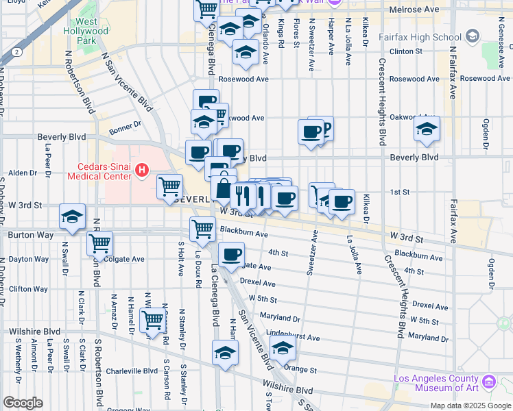 map of restaurants, bars, coffee shops, grocery stores, and more near 116 South Croft Avenue in Los Angeles