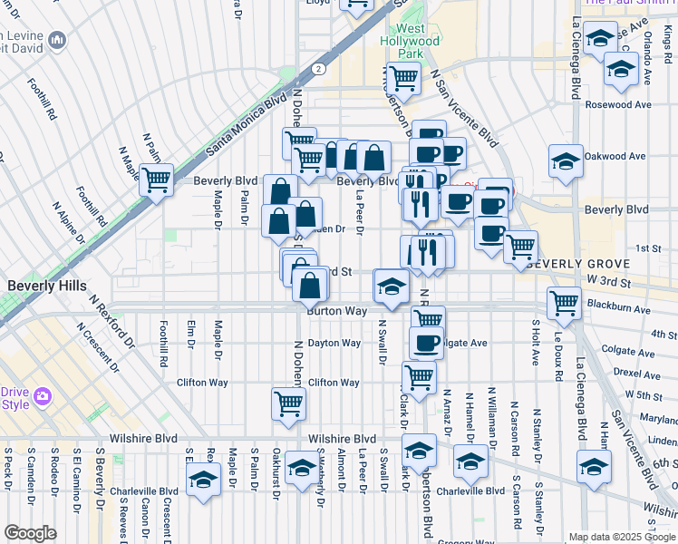 map of restaurants, bars, coffee shops, grocery stores, and more near 142 South Almont Drive in Los Angeles
