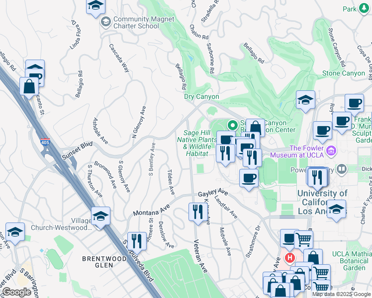 map of restaurants, bars, coffee shops, grocery stores, and more near 165 Veteran Avenue in Los Angeles