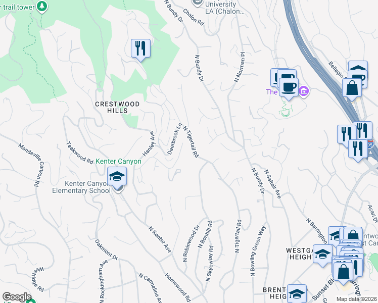 map of restaurants, bars, coffee shops, grocery stores, and more near 12310 Rochedale Lane in Los Angeles