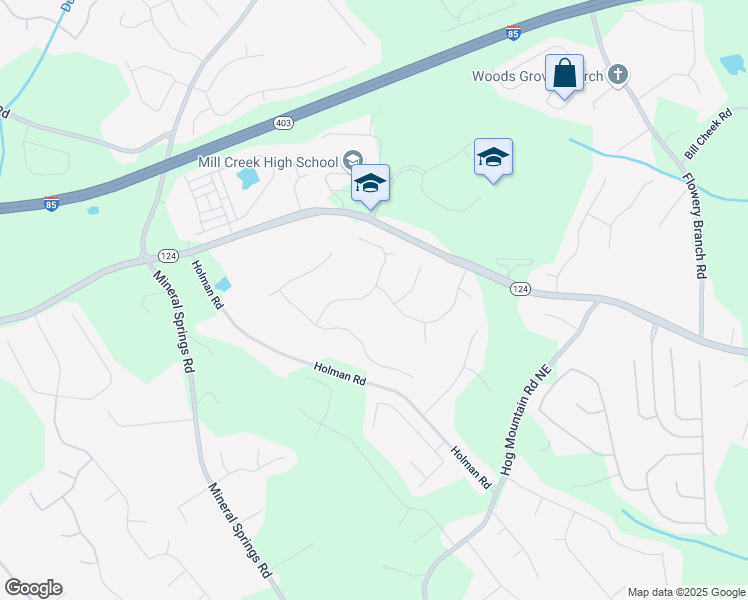 map of restaurants, bars, coffee shops, grocery stores, and more near 4309 Milford Place Northeast in Hoschton