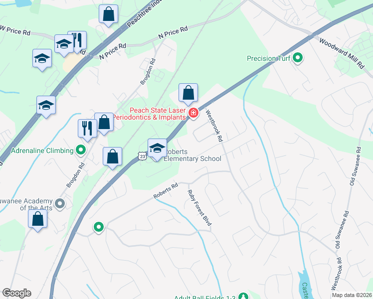 map of restaurants, bars, coffee shops, grocery stores, and more near 354 Creek Manor Way in Suwanee