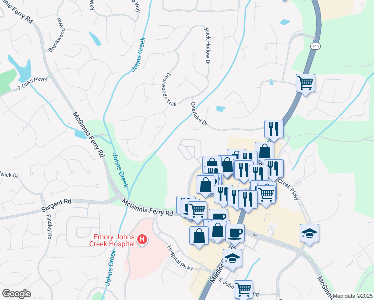 map of restaurants, bars, coffee shops, grocery stores, and more near 115 Antler Trail in Alpharetta