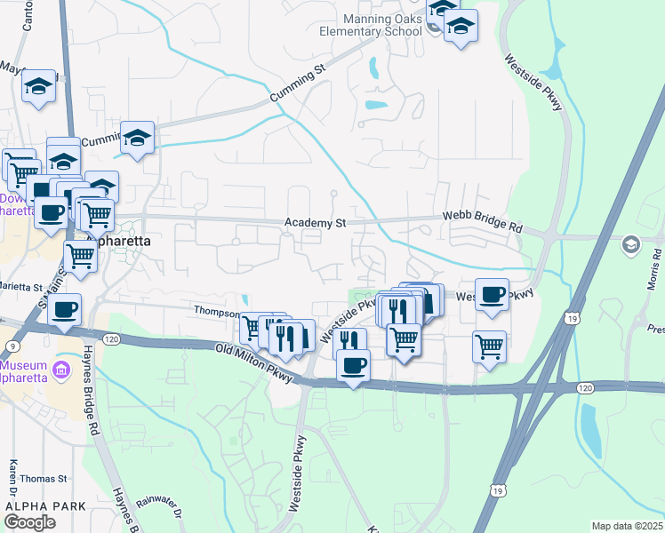 map of restaurants, bars, coffee shops, grocery stores, and more near 11945 Dancliff Trce in Alpharetta