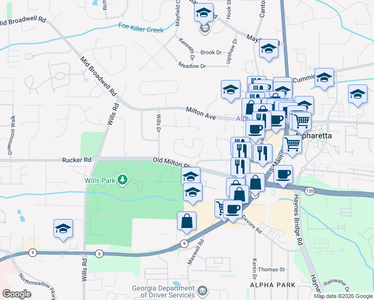 map of restaurants, bars, coffee shops, grocery stores, and more near 1980 Willshire Glen in Alpharetta